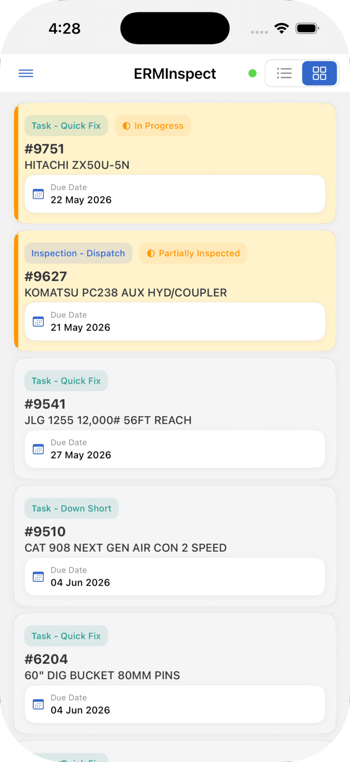 InspectERM mobile app — task list with in-progress and dispatch items
