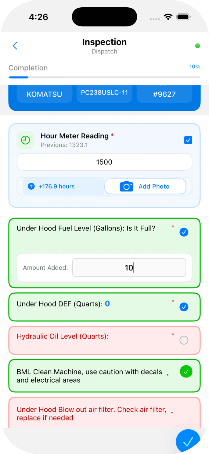 InspectERM — an inspection in progress, showing hour-meter capture, fuel-level checks, fluid checks, and pass/fail indicators