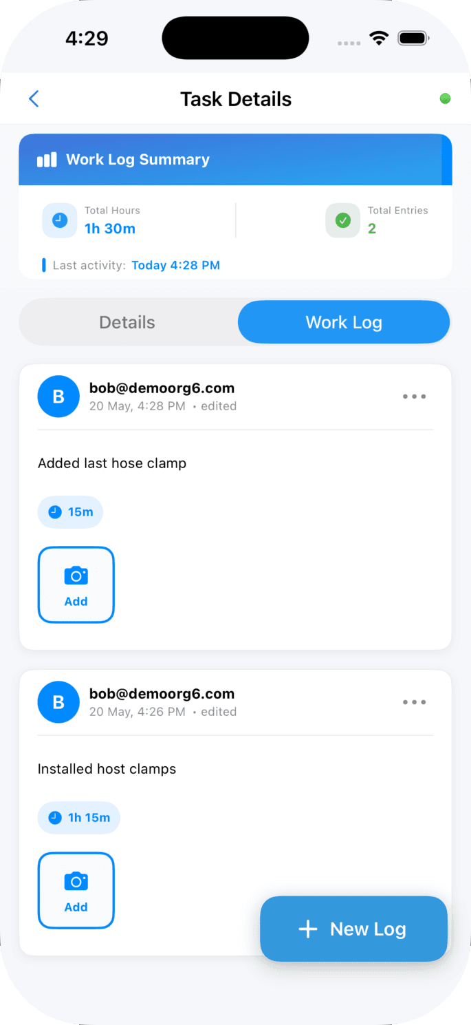 InspectERM — task work log showing time entries, photos, and per-technician notes against a service task