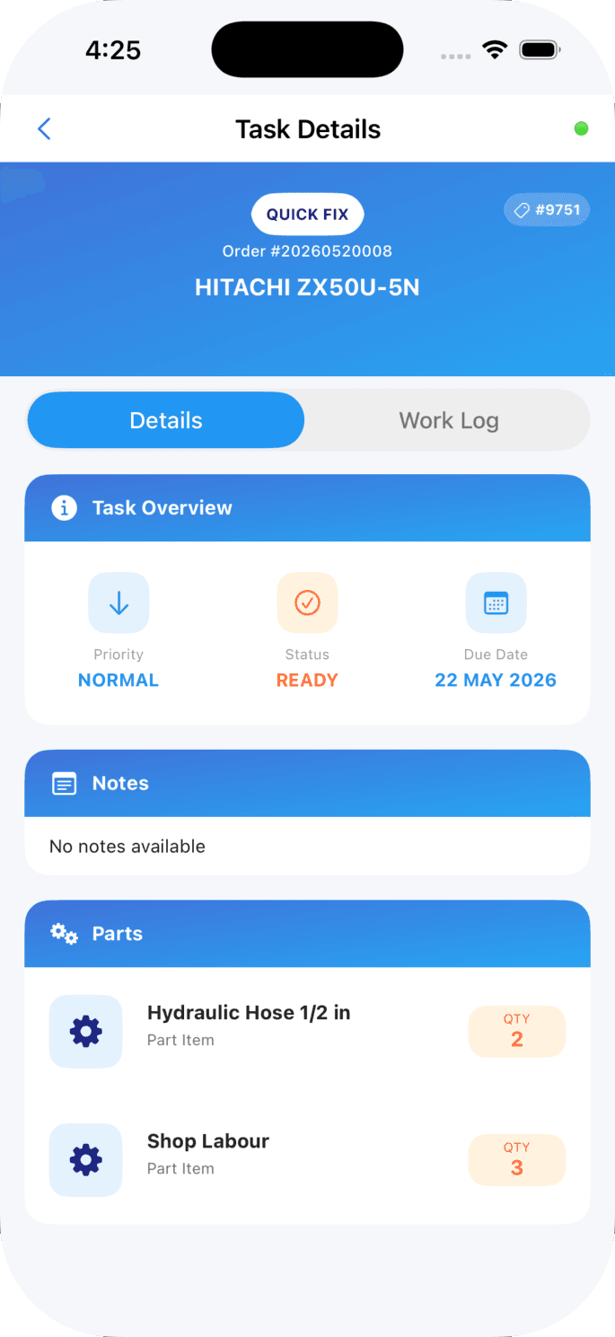 InspectERM — a service task detail screen with priority, status, due date, notes, and a parts list