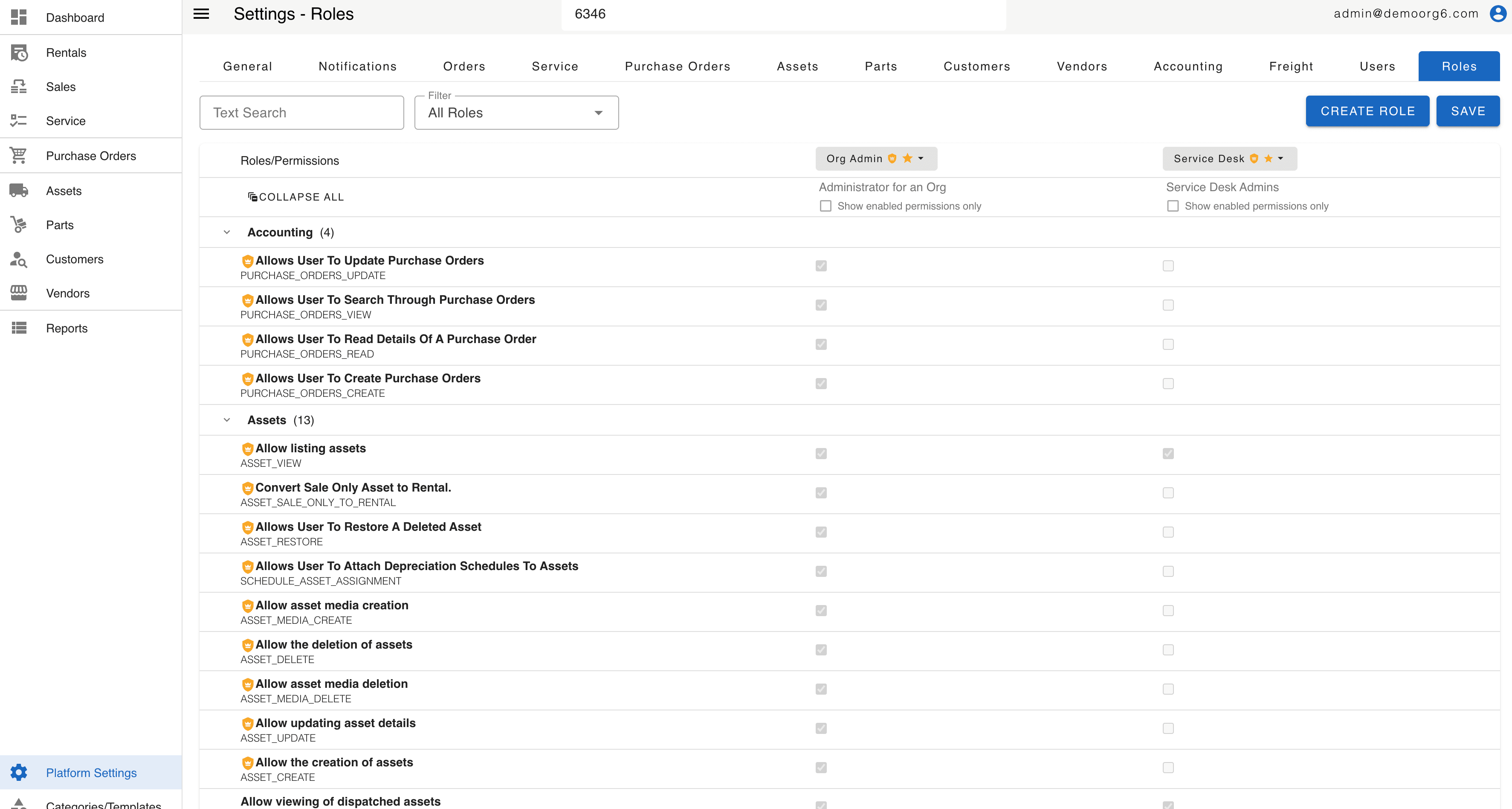 CloudERM admin — roles and per-permission grid showing the granular access controls for Org Admin and Service Desk roles