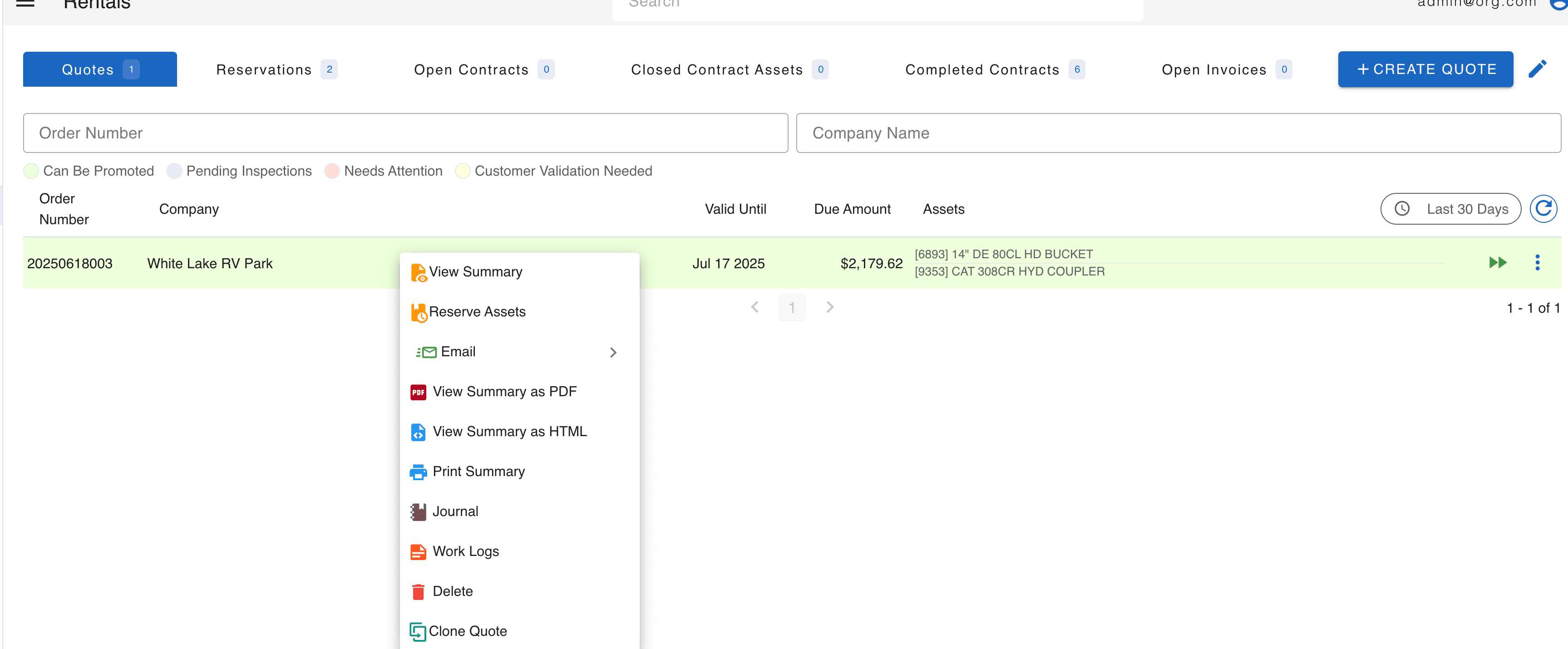 CloudERM quote actions — promote to reservation, email PDF, view as HTML, print, journal, clone